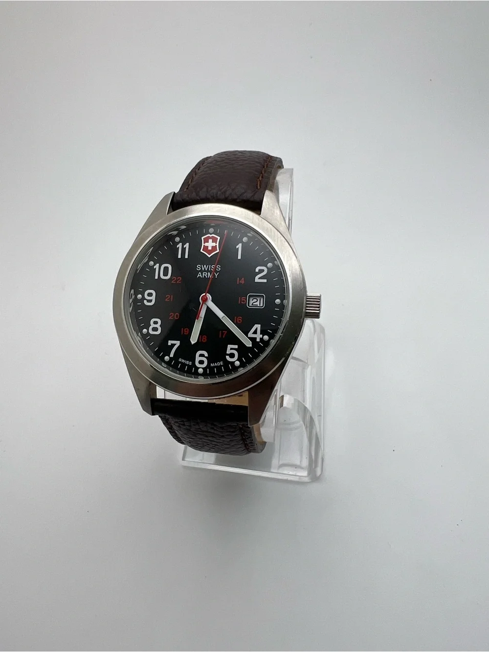 Victorinox Black Dial Watch with Brown Leather Strap and Red Accents